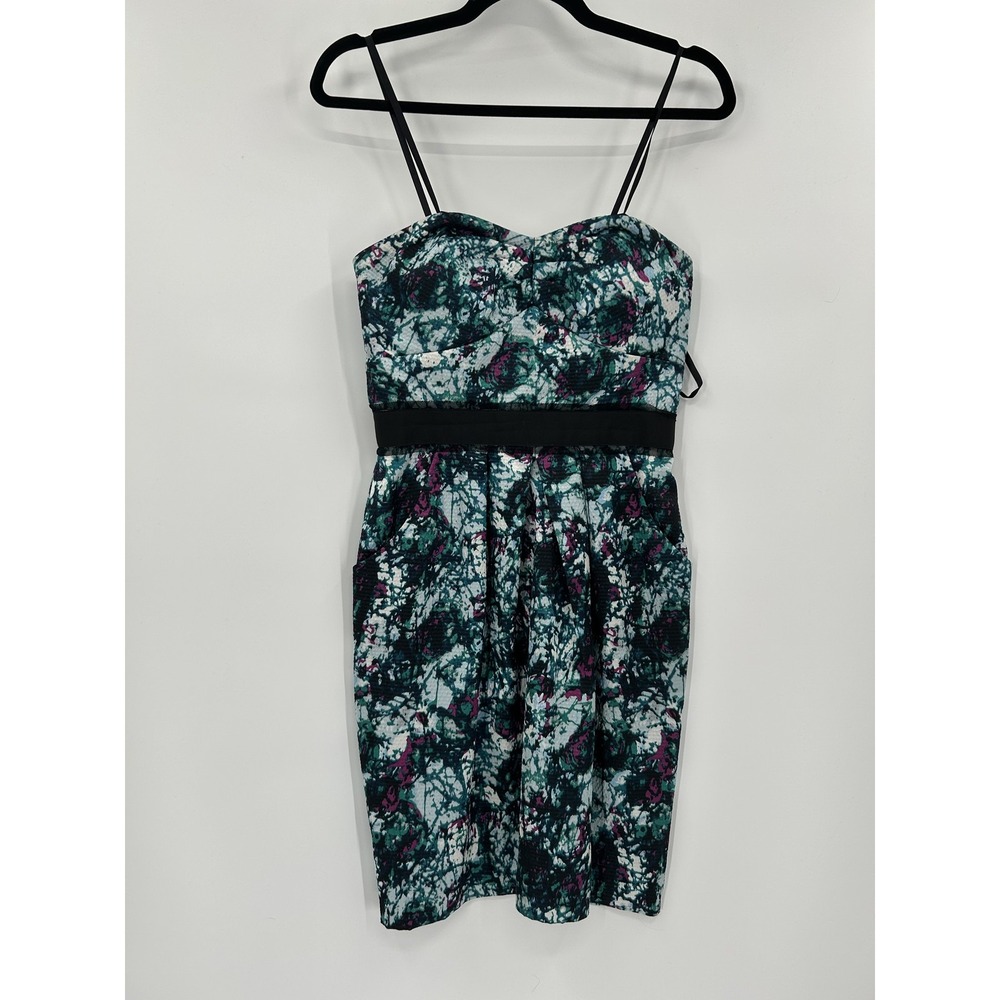 Max and Cleo Dress Womens Small Green Purple Black Abstract Strap Pockets Party